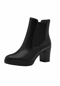 Bottine noire avec une tige en cuir lisse et brillant, des panneaux élastiques sur les côtés, un bout rond et un talon bloc épais et bas.