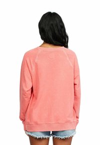 Felpa rosa con maniche lunghe e collo rotondo; presenta cuciture raglan e una piccola toppa sul retro. Abbinata a pantaloni corti di denim.