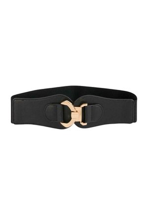 Ceinture large en élastique noir avec boucle métallique dorée incurvée au centre avant, conçue pour cintrer la taille et styliser la mode.