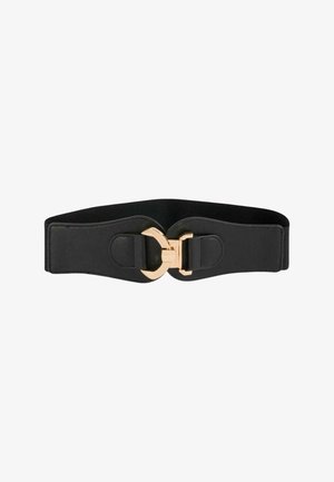 Cintura larga elastica nera con fibbia curva in metallo color oro al centro davanti, progettata per stringere la vita e per uno styling alla moda.