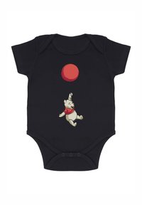 Černý body s krátkým rukávem s motivem světle hnědého medvěda v červeném tričku, který drží červený balón, umístěný uprostřed přední části.