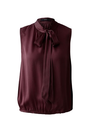 Bordeaux mouwloos blousje met een hoge hals en een gestrikt strikdetail. Glad, glanzend materiaal met een elastische zoom voor een relaxte pasvorm.