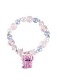 Bracciale di perline con perline traslucide rosa e blu, dettagli verdi e un ciondolo centrale di un personaggio rosa con grandi orecchie.
