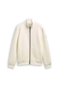 Witte textuur zip-up jas met een hoge kraag, voorzien van een zwarte rits en ribgebreide manchetten en zoom. Eenvoudig, modern ontwerp met minimale detailing.