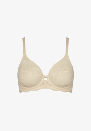 Smėlio spalvos nėriniuotas liemenėlė su gėlių raštu, formuoti puodeliai, reguliuojamos petnešėlės ir maža skylutė priekyje. Minkšta tekstūra.