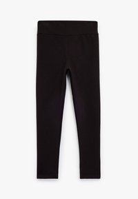 Zwarte leggings gemaakt van rekbare stof, met een brede tailleband, slim fit en zonder zichtbare naden of patronen.