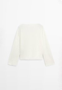 Pull blanc à manches longues avec col rond et ourlet droit, présenté à plat sur un fond blanc.