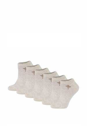 Beige Knöchelsocken aus einem Baumwollmischgewebe, mit gerippten Bündchen, versehen mit einem kleinen braunen Logo auf jeder Socke, verpackt als Set von fünf.