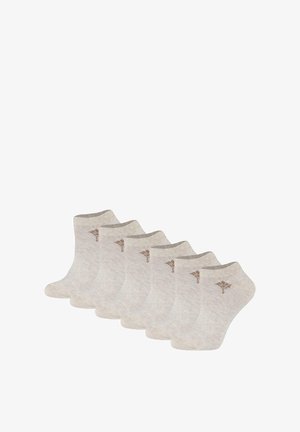 Beige nilkkasukat, puuvillasekoitetta, röyhelövarret, joissa on pieni ruskea logo jokaisessa sukassa, pakattu viiden settiin.