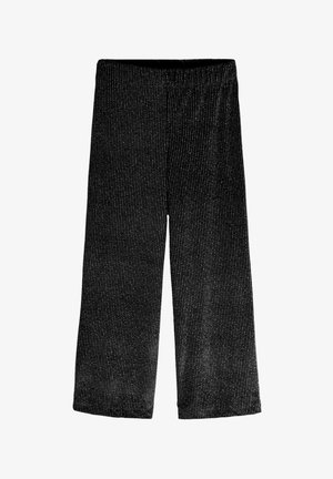 Pantaloni negri, cu picioare largi și dungi verticale argintii, având un tiv elastic și o textură moale. Potriviți pentru purtarea casual.