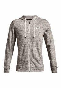 Lys grå zip-up hættejakke lavet af tekstureret stof. Har en hætte med snøre, forlommer og et hvidt Under Armour-logo på brystet.