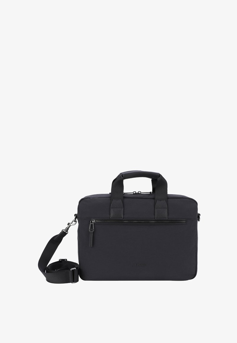 Sort bærepose til bærbar computer lavet af slidstærkt stof, med to topgreb, en justerbar skulderrem og en frontlomme med lynlås.