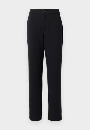 Schwarze Hose mit geradem Bein, aus glattem Stoff gefertigt. Mit einem vorderen Knopfverschluss und seitlichen Taschen.