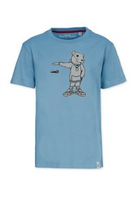 Sininen puuvillapaita, jossa on musta kuvitus sarjakuvahiiristä, joka on pukeutunut huppariin ja lenkkareihin, ja pitää mikrofonia kädessään.