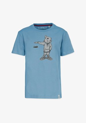 Blå bomulds t-shirt med en sort illustration af en tegneserie-mus iført hættetrøje og sneakers, med en mikrofon i hånden.