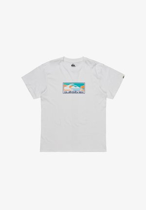 Short-sleeve white t-shirt featuring a colorful rectangular Quiksilver logo graphic, with blue, orange, and green elements. Cotton material.