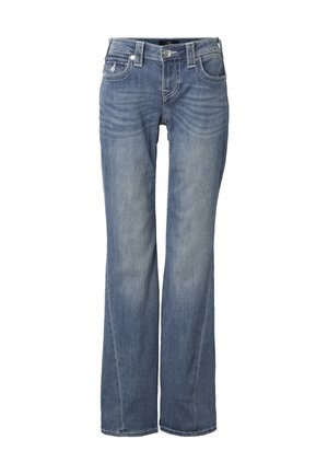 Jeans di jeans a gamba dritta blu con tasche frontali, passanti per cintura e dettagli sbiaditi sulle cosce e sulle ginocchia.