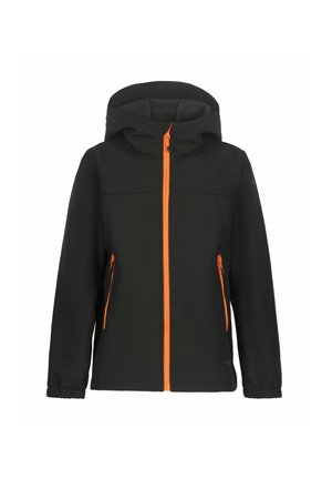 Black hooded jacket with bright orange zipper and pocket zippers, long sleeves, and elastic cuffs.