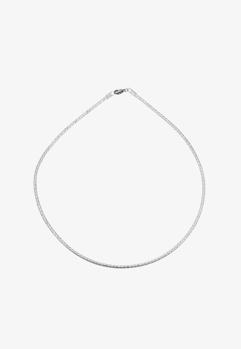 Zilveren ketting met een gevlochten textuur, cirkelvormig en met een stevige sluiting. Glad oppervlak met een gepolijste afwerking.