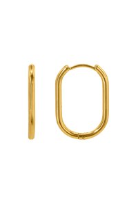 Goldene Ohrreifen mit einer glatten, glänzenden Oberfläche. Sie haben eine verlängerte ovale Form und einen sicheren Schnappverschluss.