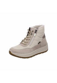 Botines beige de cuero y ante con un acabado texturizado, que cuentan con un cierre de cordones, cremallera lateral y forro suave.