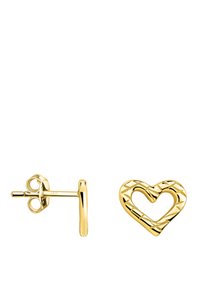 Guld hjärtformade studs örhängen har en texturerad design, med en metallstift och fjärilsspänne för säker användning.