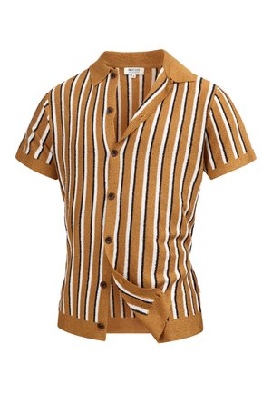 Koszula z krótkim rękawem na guziki, z pionowymi paskami w kolorze musztardowym, białym i czarnym oraz teksturowaną dzianiną.