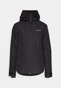 Μαύρο αδιάβροχο μπουφάν με κουκούλα, μπροστινό φερμουάρ, ρυθμιζόμενα λουράκια στους καρπούς και το λογότυπο "DIDRIKSONS" στο στήθος.