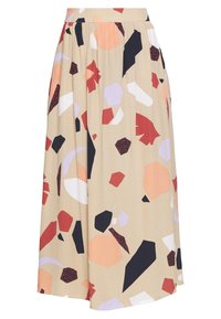 Beige midi-hame, jossa on joustava vyötärö, ja jossa on abstrakti kuosi mustista, punaisista, oransseista, valkoisista ja vaalean violetista geometrisista muodoista.