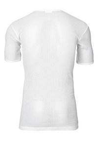 Hvid kortærmet skjorte med et struktureret, åbent mesh-design. Den har en rund halsudskæring og glatte, kontrasterende kanter omkring ærmerne.
