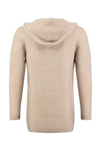 Maglione beige con cappuccio, maniche lunghe, texture liscia e orlo dritto. Presenta un design semplice con un sottile motivo a maglia.