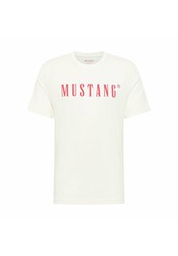 White cotton t-shirt featuring a bold pink "MUSTANG" logo on the front. Round neckline and short sleeves, with a smooth texture.