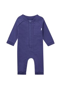 Lila Langarm-Overall aus weichem Stoff, mit durchgehender Knopfleiste, einer Brusttasche und Druckknöpfen am Boden für ein einfaches Anziehen.