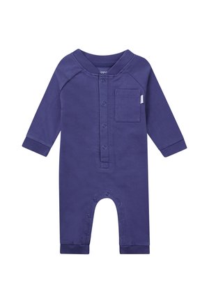 Lila Langarm-Overall aus weichem Stoff, mit durchgehender Knopfleiste, einer Brusttasche und Druckknöpfen am Boden für ein einfaches Anziehen.