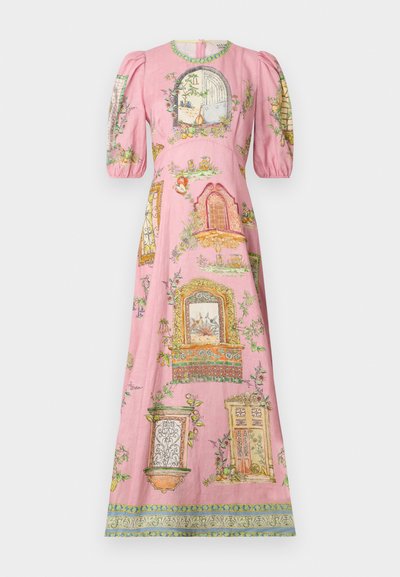 Pink maxi dress featuring puff sleeves, intricate door and floral illustrations, and a decorative hem with a patterned trim.