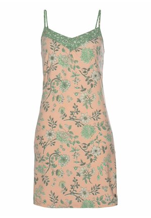 Blüten-Nachtkleid aus pfirsichfarbenem Stoff mit grünem Spitzenbesatz am Ausschnitt, dünnen Trägern und einem wiederholten Blumendesign in grünen und grauen Farbtönen.