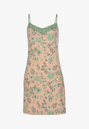 Floral nightgown in peach fabric, featuring a green lace trim at neckline, thin straps, with a repeated floral pattern in green and gray hues.