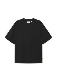 Black short-sleeve t-shirt made of cotton, featuring a crew neck, relaxed fit, and minimalistic design. No visible patterns or graphics.