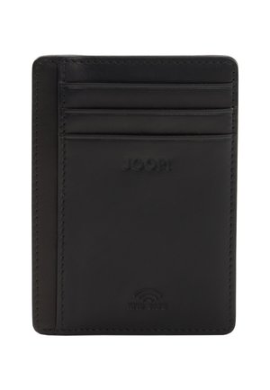 Porte-cartes en cuir noir avec trois emplacements pour cartes en haut, nom de la marque embossé près du centre, et symbole de protection RFID en bas.