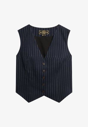Gilet bleu marine avec des rayures blanches, design sans manches, décolleté en V et six boutons marron sur le devant, fabriqué à partir d'un tissu lisse.