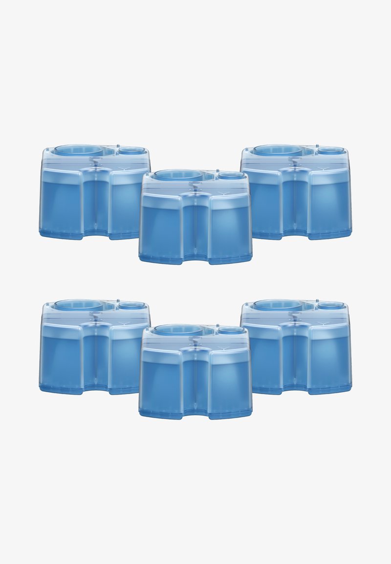 Six blue transparent containers with rounded tops, featuring circular openings and a glossy finish, arranged in two rows.