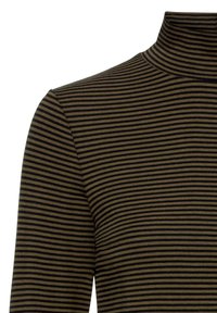 Mock turtleneck-top i olivgrön och svarta ränder, med långa ärmar och ett texturerat stickat tyg.