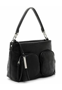 Borsa a tracolla in pelle nera con due tasche frontali con zip, dettagli in hardware argentato e una tracolla curvata. Caratterizzata da un dettaglio a nappina.