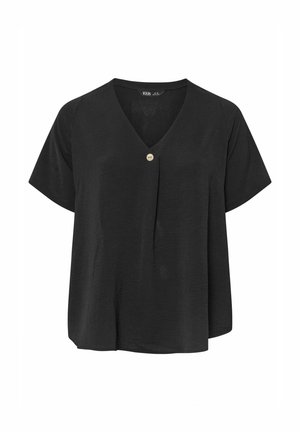 Sort kortærmet bluse med V-udskæring og enkelt dekorativ knap i midten foran.