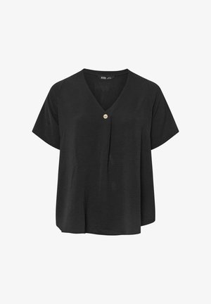 Zwarte blouse met korte mouwen, V-hals en een enkele decoratieve knoop midden aan de voorkant.