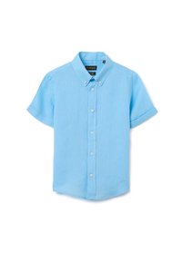 Camicia azzurro chiaro a maniche corte con bottoni, realizzata in un tessuto testurizzato. Presenta un colletto classico e cinque bottoni coordinati sul davanti.