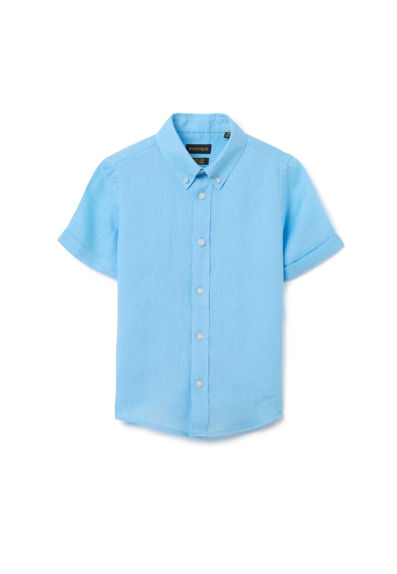 Camicia azzurro chiaro a maniche corte con bottoni, realizzata in un tessuto testurizzato. Presenta un colletto classico e cinque bottoni coordinati sul davanti.