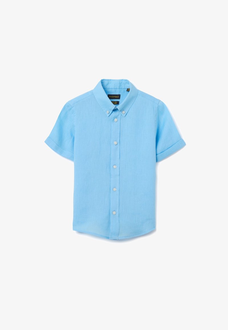 Lichtblauw, kortemouwen overhemd met knopen van een gestructureerde stof. Heeft een klassieke kraag en vijf bijpassende knopen aan de voorkant.