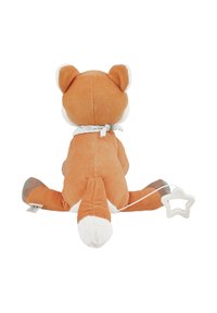 Stuffed animal fox in orange corduroy with white accents; features a gray bandana and a teether shaped like a star on its paw.