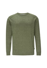 Zielony sweter wykonany z teksturowanej dzianiny, z okrągłym dekoltem i długimi rękawami, z prążkowanymi mankietami i dołem oraz subtelnym melanzowym wzorem.